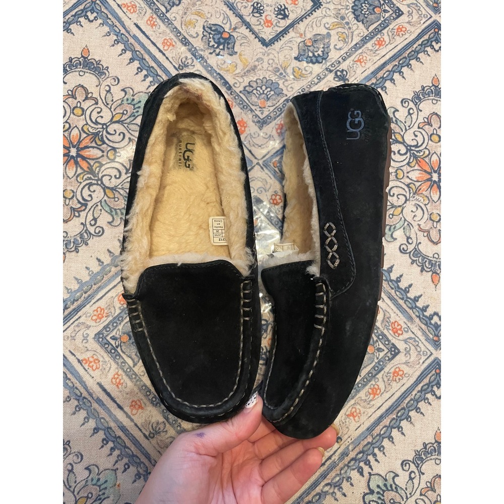 UGG Australia Ansley Black Suede Sheepskin Lined Moccasin Slippers Womens 9